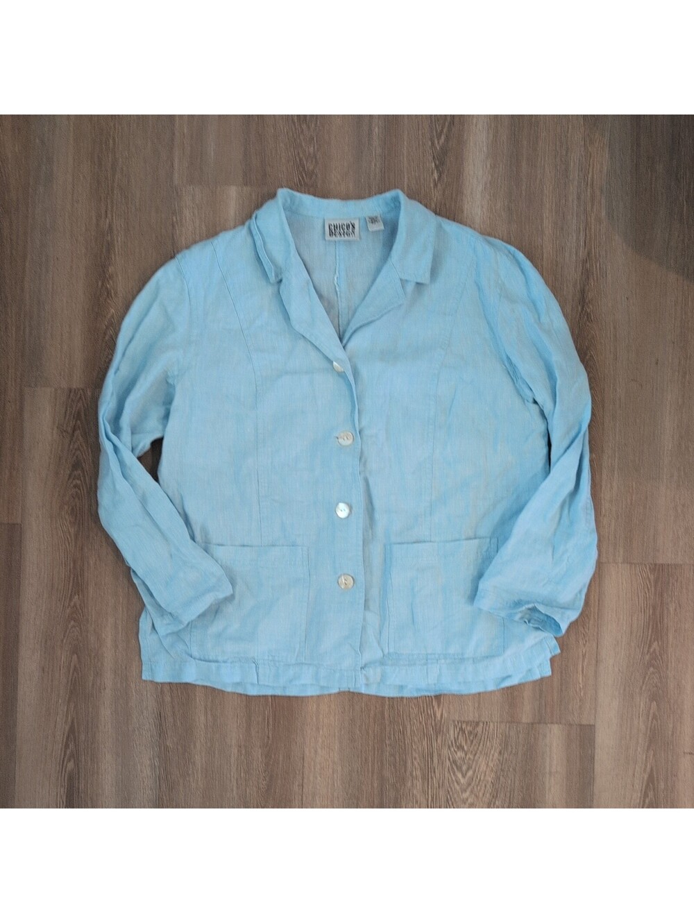 VTG Chicos design Blue 100% Linen Blazer Jacket Womens 8/10 Coastal Beachy